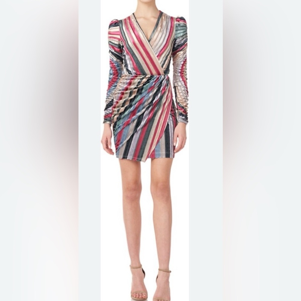 ML Monique Lhuillier Striped Velvet Mini Dress Faux Wrap Ivy Multi Size 16